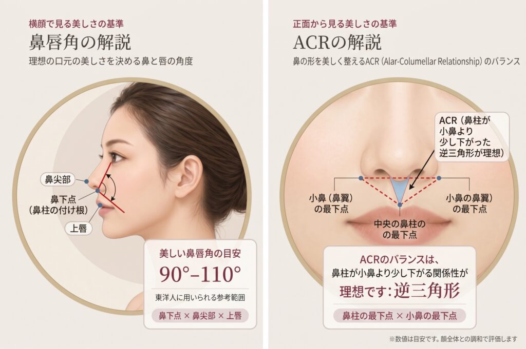 鼻唇角とACRについて解説した図